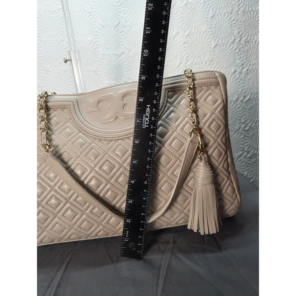 Tory Burch Fleming Tote Large Beige Good Quilted Leather Chain Shoulder Bag